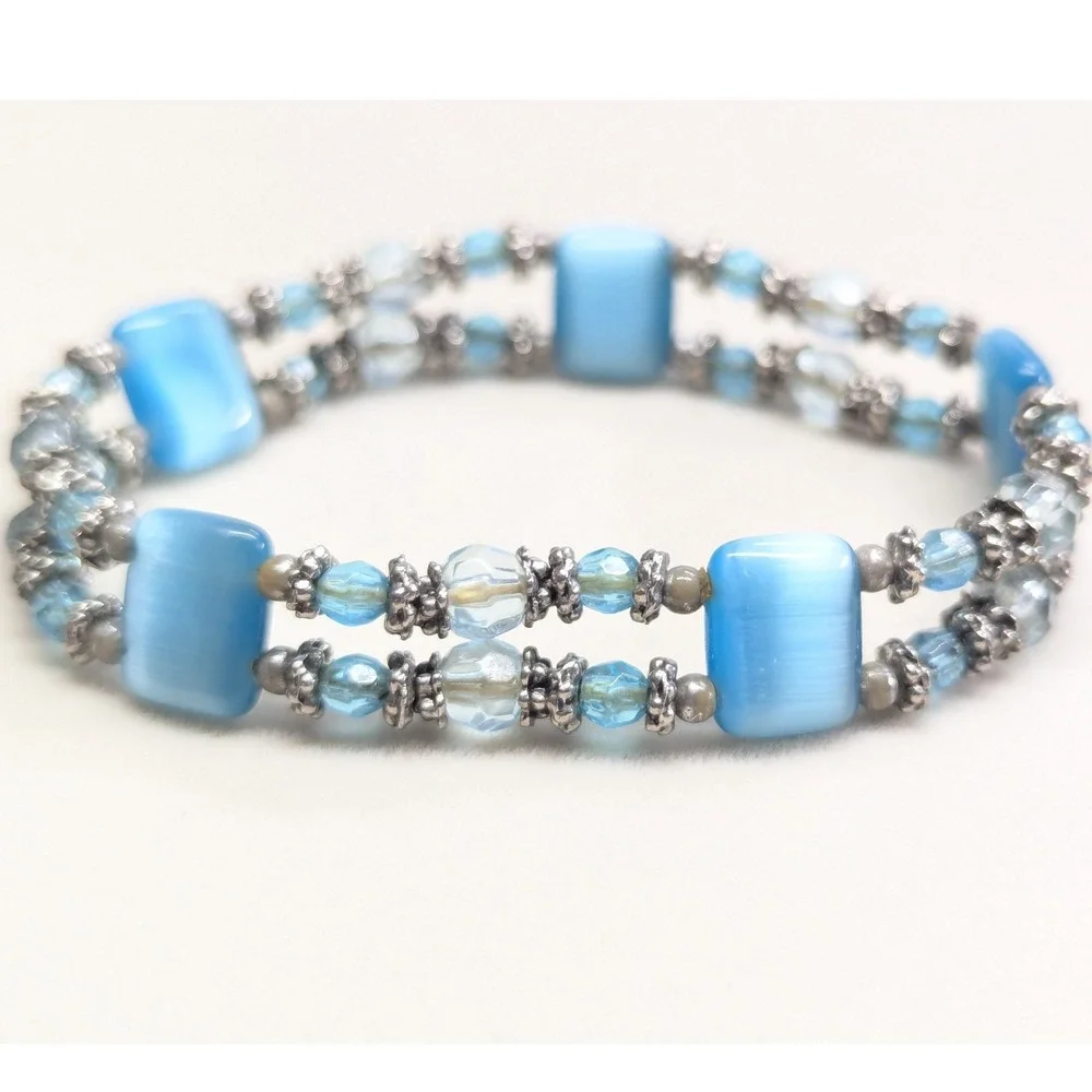 Vintage Beaded Stretch Bracelet Blue Cats Eye 2 Strand SilverTone Clear‎ Beads